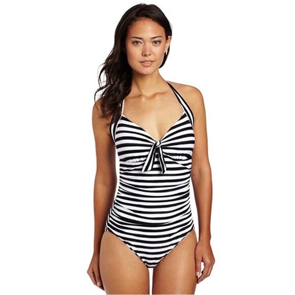 Seafolly Australia Seaview Navy Blue Halter Tie Front Ruched One Piece Swim 8 - Picture 3 of 11